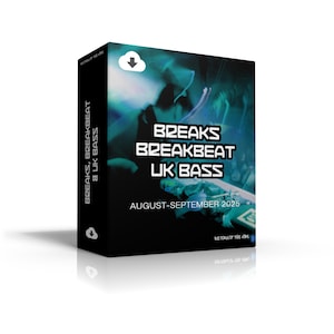 Op de afbeelding: Een zwarte doos met de tekst "BREAKS BREAKBEAT & UK BASS" aan de zijkant en "BREAKS BREAKBEAT UK BASS" op de voorkant. De doos bevat ook de tekst "AUGUST-SEPTEMBER 2025" en een wolk-icoon.