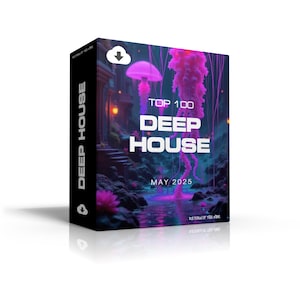 Può includere: Scatola nera con la scritta "DEEP HOUSE" in bianco sul lato. La parte anteriore della scatola presenta una scena fantasy illuminata al neon con la scritta "TOP 100 DEEP HOUSE MAY 2025". Un'icona di download in alto.