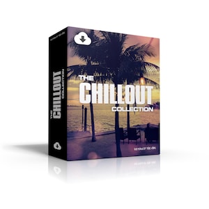 Può includere: Scatola del prodotto con una scena di tramonto tropicale, una palma e le parole "The Chillout Collection". Il lato della scatola è nero con le parole "The Chillout Collection" in bianco.