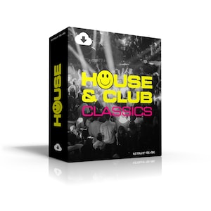 Può includere: Una scatola nera con le parole "HOUSE & CLUB CLASSICS" in giallo e rosa, con un'icona a forma di faccina sorridente. La scatola presenta un'immagine in bianco e nero di una folla in un club. La parola "HOUSE" è scritta verticalmente in giallo.