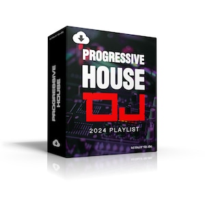 Könnte beinhalten: Eine violette und schwarze Box mit einer weißen Wolke und einem nach unten zeigenden Pfeil. Die Box trägt den Text "Progressive House DJ 2024 Playlist" in weißen und roten Buchstaben. Der Text "Return of the Vibe" ist in weißen Buchstaben auf schwarzem Hintergrund.