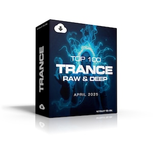 May include: A blue and black album cover with a person in the center. The album cover has the text "Top 100 Trance Raw & Deep" and "April 2025".