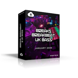 Op de afbeelding: Een zwarte doos met de tekst "BREAKS BREAKBEAT UK BASS" in wit en paars. De tekst "JANUARY 2026" is ook aanwezig, evenals een afbeelding van een DJ-opstelling. De woorden "BREAKS, BREAKBEAT & UK BASS" staan verticaal op de zijkant.