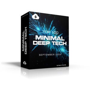 Könnte beinhalten: Eine schwarze Box mit dem Text "TOP 100 MINIMAL DEEP TECH SEPTEMBER 2025" in Weiß und Blau. Die Box hat ein Wolkensymbol und ein blaues Burst-Design. Die Worte "MINIMAL DEEP TECH" sind auch vertikal auf der Seite der Box gedruckt.