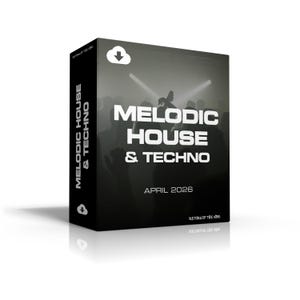 Op de afbeelding: Een zwarte doos met de witte tekst "Melodic House & Techno" en de datum "April 2026" eronder. De doos toont een wolkpictogram en een silhouet van een menigte. De tekst is vetgedrukt en zonder schreef.