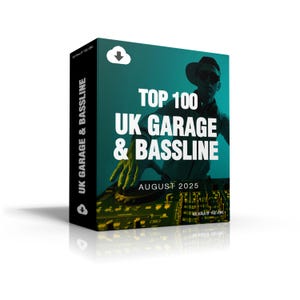 May include: A product box with a teal background displays the text "TOP 100 UK GARAGE & BASSLINE" in white. The box also features a DJ wearing sunglasses and a mixing board. The text "AUGUST 2025" is also visible.