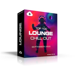 Può includere: Scatola del prodotto con grafica a tema spaziale. Mostra un astronauta e il testo "TOP 100 LOUNGE CHILL OUT SETTEMBRE 2025." La scatola ha un dorso nero con la parola "LOUNGE" in bianco.