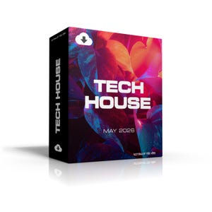 Può includere: Una scatola nera con le parole "TECH HOUSE" in bianco, con "MAY 2026" sotto. Lo sfondo presenta un design astratto colorato di foglie in tonalità viola, rosa e blu. Il lato della scatola recita "TECH HOUSE" verticalmente.