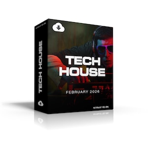 May include: Black box with the words "TECH HOUSE" in white, with a DJ in the background wearing headphones and sunglasses. The text "FEBRUARY 2026" is also visible. The box has a cloud icon.