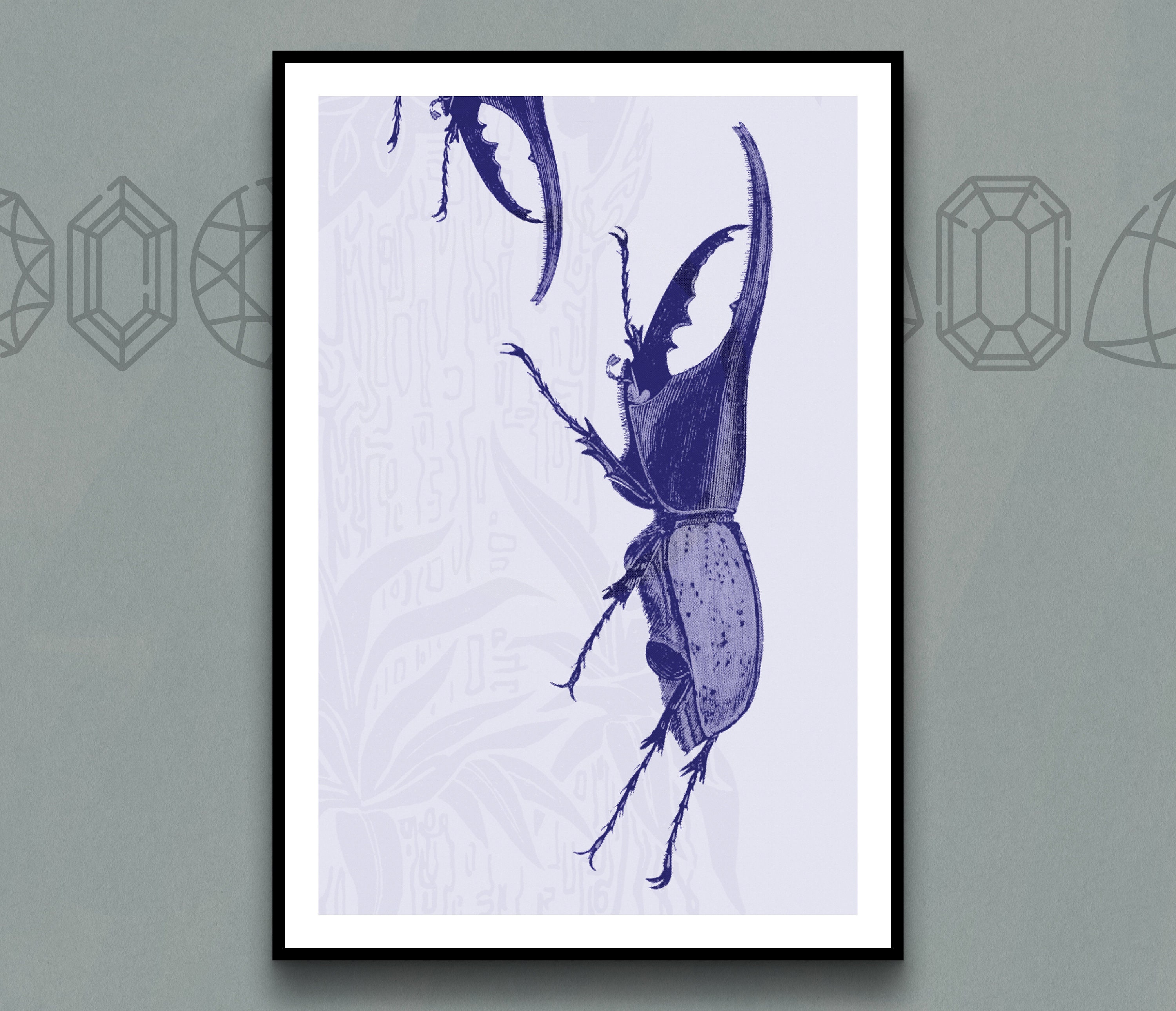 Hercules beetle scaling a tree • digital print poster pattern nature insect entomology bug blue Japanese botanical vintage unique wall art