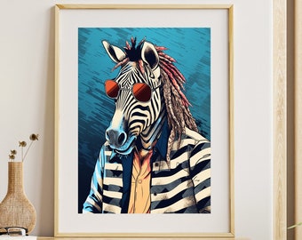 Pintura elegante de rastas de cebra y gafas de sol. Descarga instantánea. Ilustración de arte de pared imprimible. Decoración de pared.