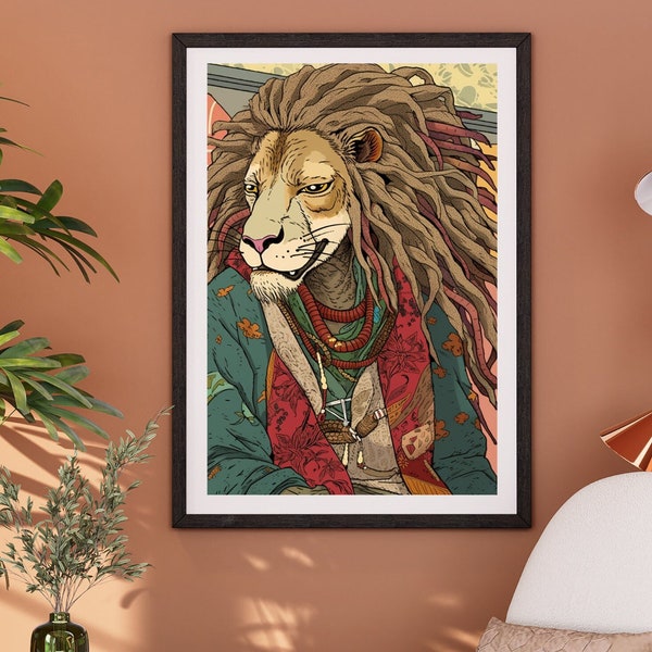 Dreadlock Rasta Lion Painting Wall Decor Printable Wall Art Download for Living Room Unique Animal Portrait Entryway Wall Decor
