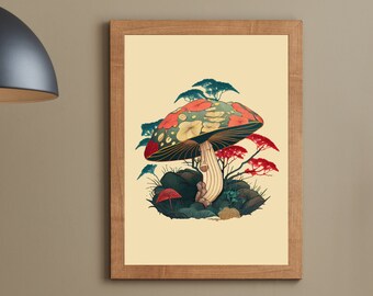 Japanese Painting Mushroom Forest Illustration Instant Download Printable Wall Art Gift for Friend Garden Kitchen Decor Digital Painting
