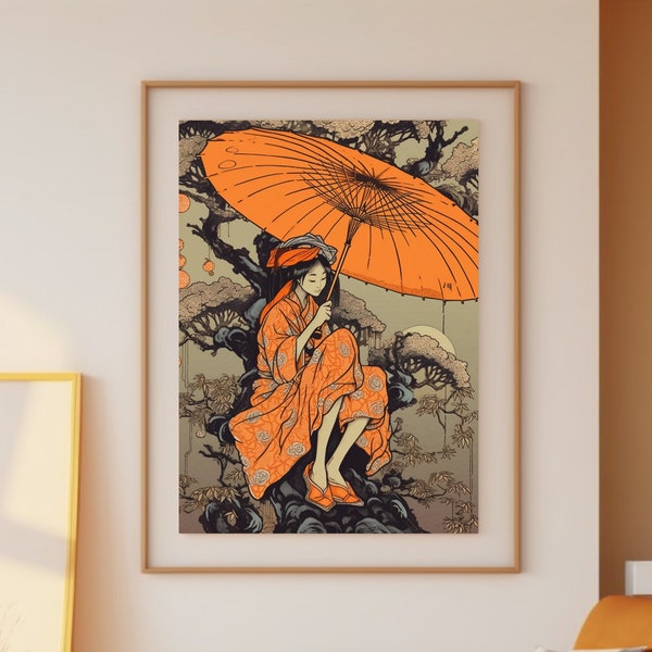 Asian Orange Umbrella Girl On Tree Digital Painting Instant Download Printable Wall Art Gift for Friends Japanese Art Illustration Decor