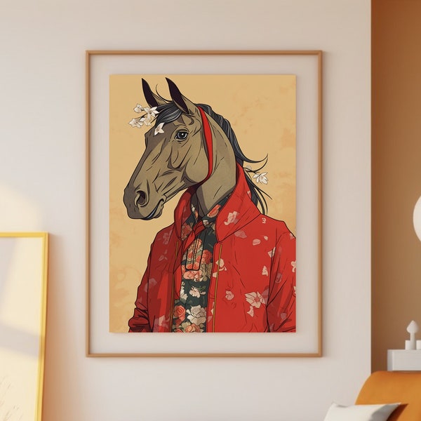 Horsey in Red Floral Clothes Digital Painting Instant Download Printable Wall Art Gift Friends Horse Portrait Wall Decor for Horse Persons