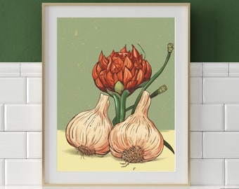 Minimal Kitchen Art Garlic and Artichoke Illustration Instant Download Printable Wall Decor Kitchen Counter Painting