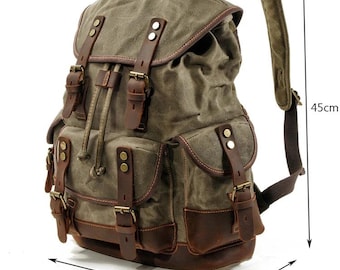 Retro Hiking Backpack for Travel & Work - Genuine Leather and Canvas Rucksack