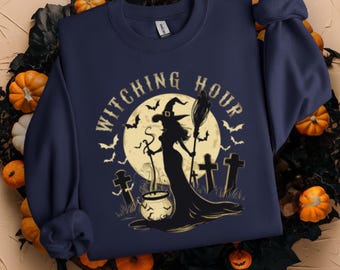 Geisterstunde Halloween Sweatshirt | Cauldron Hallows Eve Pullover | Hexenbesen Gruseliges Jahr Pullover | Hexenhut Top | Vollmond Shirt