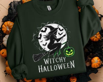 Hexe Halloween Sweatshirt | Grüner Kürbis Hallows Eve Pullover | Gruseliger Pullover | Hexenbesen Top | Niedliches Fledermaus Sweatshirt