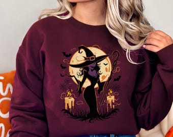 Hexe Halloween Sweatshirt | Spinnennetz Heilig Abend Pullover | Hexenbesen Gruseliges Jahr Pullover | Hexenhut Top | Vollmond Shirt | Fledermäuse