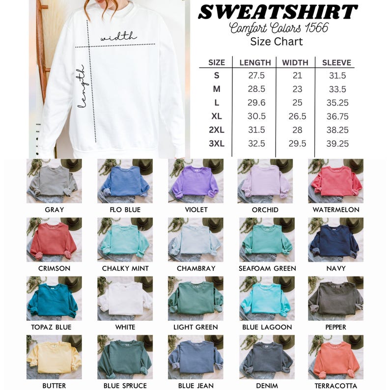 a women's sweat shirt with the measurements chart