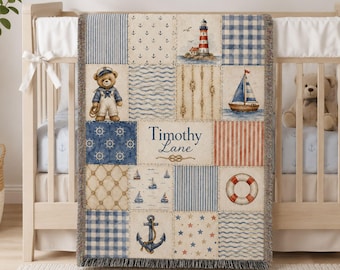 Personalisierte nautische Baby-Namensdecke | Krabbeldecke für Mädchen | Leuchtturm Spannbettlaken | Kuscheliges Segelboot Newborn Swaddle
