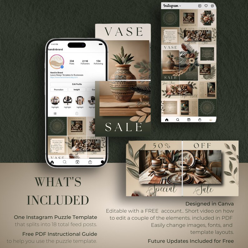 Green Mena, Boho Instagram Puzzle Feed for Business, Rustic Influencer ...