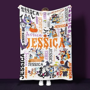 Custom Halloween Bluey Blanket | Minky Plush Baby Blanket | Spooky Season Personalized Woven Blanket | Kids Cartoons | Gift for Boy & Girl