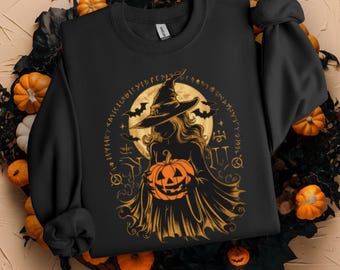 Hexe Halloween Sweatshirt | Kürbis Hallows Eve Pullover | Zauber Runen Gruselige Saison Pullover | Hexenhut Top | Süßes Fledermäuse Vollmond Shirt