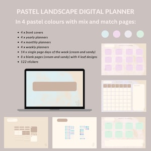 Könnte beinhalten: Ein digitaler Planer in Pastellfarben mit Landschaftsmotiv. Er enthält Titelseiten, Jahres-, Monats- und Wochenplaner, einzelne Tagesseiten der Woche, leere Seiten und Sticker.