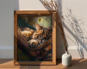 Fluffy cat in hammock, wall print and Pet portrait, pack of 2