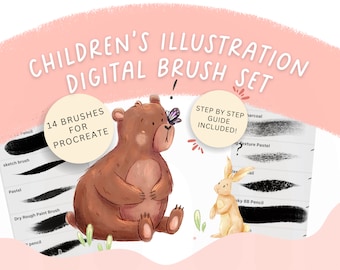 May include: A set of 14 digital brushes for Procreate, designed for children's illustrations. The brushes are shown on a white background with a brown bear and a rabbit. The text "STEP BY STEP GUIDE INCLUDED!" is also visible.