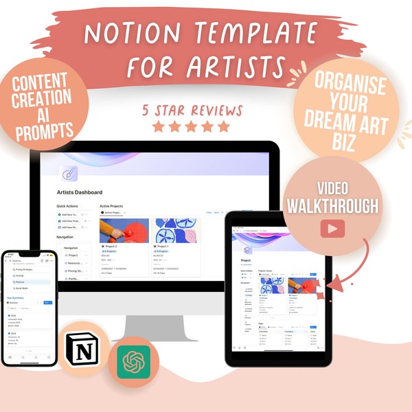 Notion template for artists, art commission digital planner, digital illustrator content planner, art income tracker