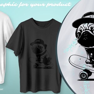 PNG + SVG Print for clothing, paper, pins, stickers, magnets and more - beautiful black print: pug on a skateboard