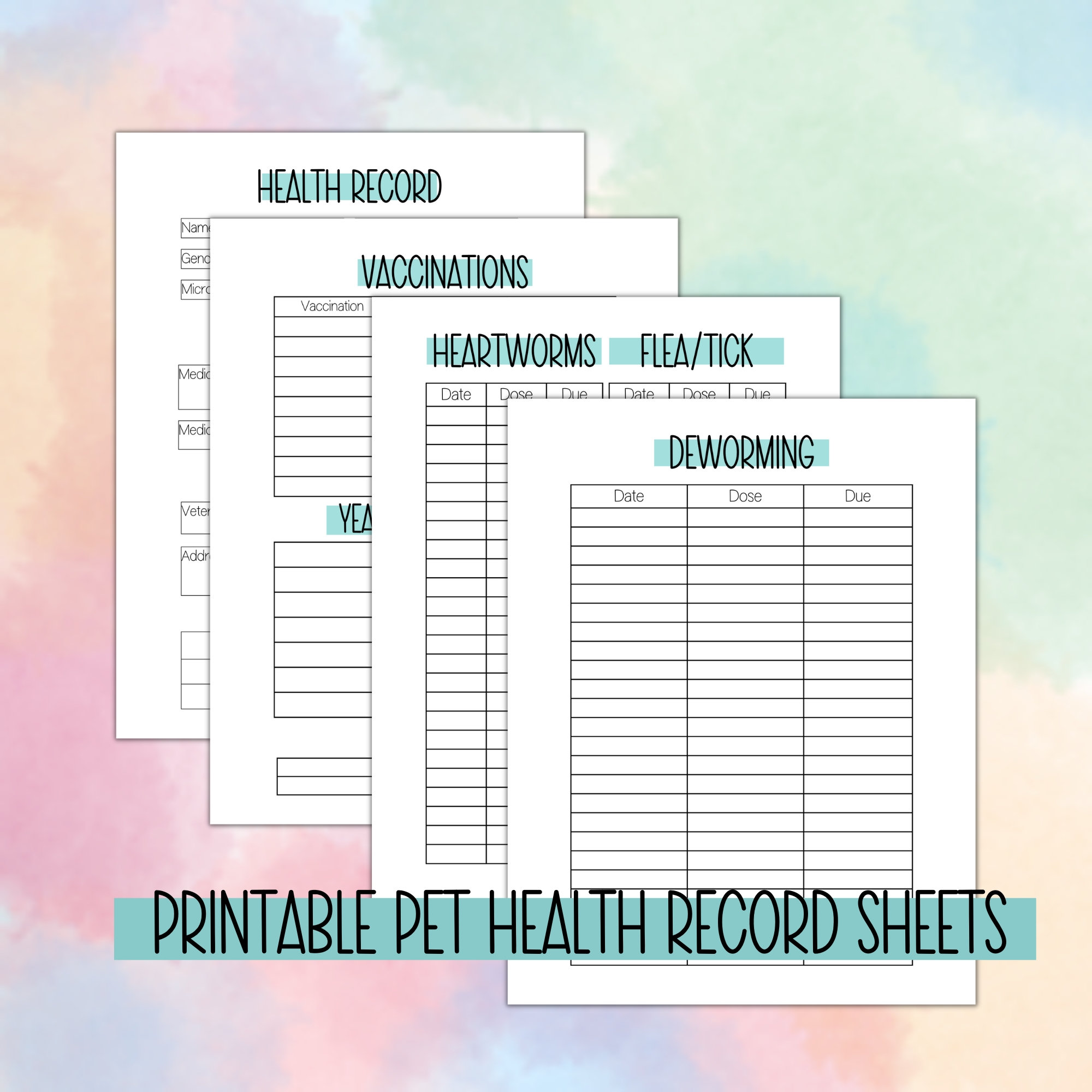 Printable Pet Health Record, Health Record, Dog Cat Health Record for ...