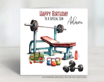 May include: A watercolor illustration of a weight bench with weights, dumbbells, a water bottle, and a bag with headphones. The text "HAPPY BIRTHDAY TO A SPECIAL SON Adam" is written on the card.