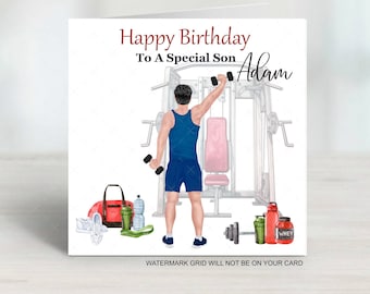 Puede incluir: Una tarjeta de cumpleaños con una ilustración de acuarela de una persona haciendo ejercicio en el gimnasio. La tarjeta dice "Feliz cumpleaños a un hijo especial Adam".