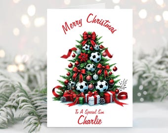 Personalised Football Christmas Card For Grandson, Son, Godson, Or Teenager - Red 15cm Folded Card