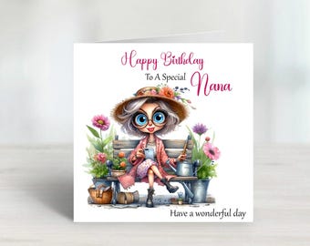 May include: A birthday card featuring a cartoon illustration of a woman with gray hair and blue eyes. She is wearing a pink dress, a straw hat with flowers, and holding a cup. The card says "Happy Birthday to a Special Nana. Have a wonderful day."