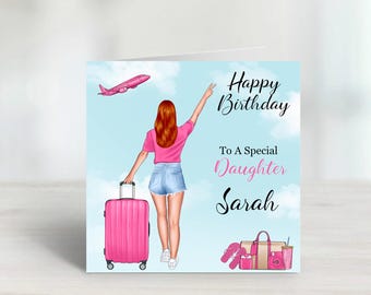 May include: A pink birthday card with a cartoon illustration of a person with red hair, wearing a pink shirt and denim shorts, waving at a pink airplane. The card reads "Happy Birthday To A Special Daughter Sarah."