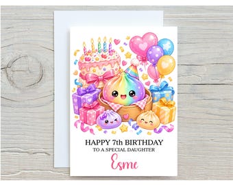 May include: A birthday greeting card featuring a rainbow-colored dumpling character in a bamboo steamer, a pink cake with five candles, colorful gift boxes, and balloons. The text reads: HAPPY 7th BIRTHDAY TO A SPECIAL DAUGHTER Esme.