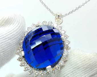 Dark Blue Synthetic Spinel Pendant, Sterling Silver Necklace