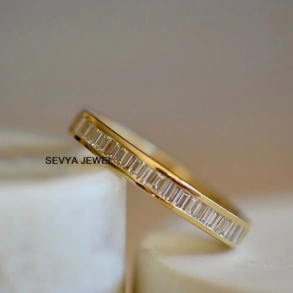 Baguette Cut Moissanite Ring 14K Yellow Gold Half Eternity Ring,3MM Channel Setting Half Eternity Women Wedding Band ,Stacking Band