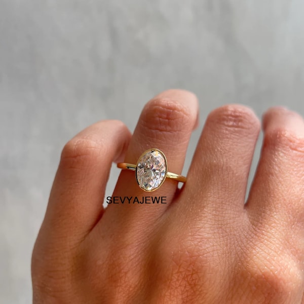Anillo de solitario ovalado con conjunto de bisel de 3CT, anillo de compromiso de moissanita ovalado con conjunto de bisel, plata de ley 925 y anillo de diamante Gd soid de 14 k, anillo de compromiso