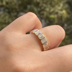 Emerald Cut Moissanite Wedding Band, Full Eternity Moissanite Anniversary Band, Classic Bezel Set Promise Band, Unique Stackable Gift Band