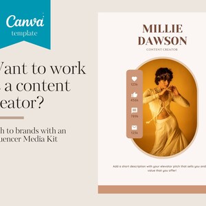 May include: A social media template with a light brown background and a white rectangle in the centre. The rectangle contains a photo of a woman in a white dress with a gold background. The text "MILLIE DAWSON CONTENT CREATOR" is above the photo. The text "Want to work as a content creator? Pitch to brands with an Influencer Media Kit" is on the left side of the template. The text "123k, 456k, 789k, 123k" is on the right side of the template.
