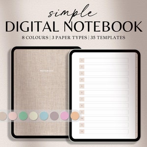 Peut inclure: Une maquette d'application de carnet numérique sur une tablette avec une couverture en lin beige. L'application propose 8 couleurs, 3 types de papier et 35 modèles. Le texte "simple DIGITAL NOTEBOOK" est en haut de l'image. Le texte "paperless scribble" est en bas de l'image.