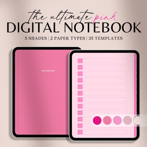 Könnte beinhalten: Ein Mockup einer digitalen Notizbuch-App mit einem rosa Cover und einer linierten Seite mit einer Farbpalette aus fünf Rosatönen. Der Text auf dem Cover lautet "NOTEBOOK" und der Text unten lautet "paperless scribble".
