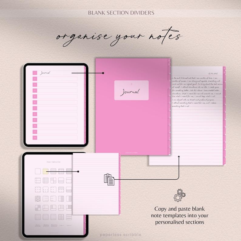 Op de afbeelding: Een digitale planner met roze en witte pagina's, met een sectie-scheidingslijn met het woord "Journal" en een blanco notitie sjabloon met een rasterpatroon. De tekst "organise your notes" staat bovenaan de afbeelding. De tekst "Copy and paste blank note templates into your personalised sections" staat onderaan de afbeelding.