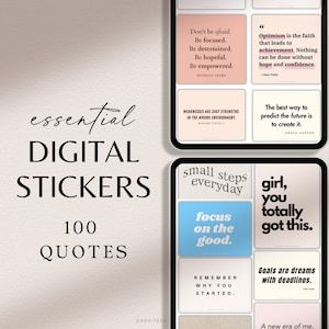 May include: A set of 100 digital stickers featuring motivational quotes. The stickers are in various colors and feature a variety of fonts. Some of the quotes include "Don't be afraid. Be focused. Be determined. Be hopeful. Be empowered." and "Optimism is the faith that leads to achievement. Nothing can be done without hope and confidence."